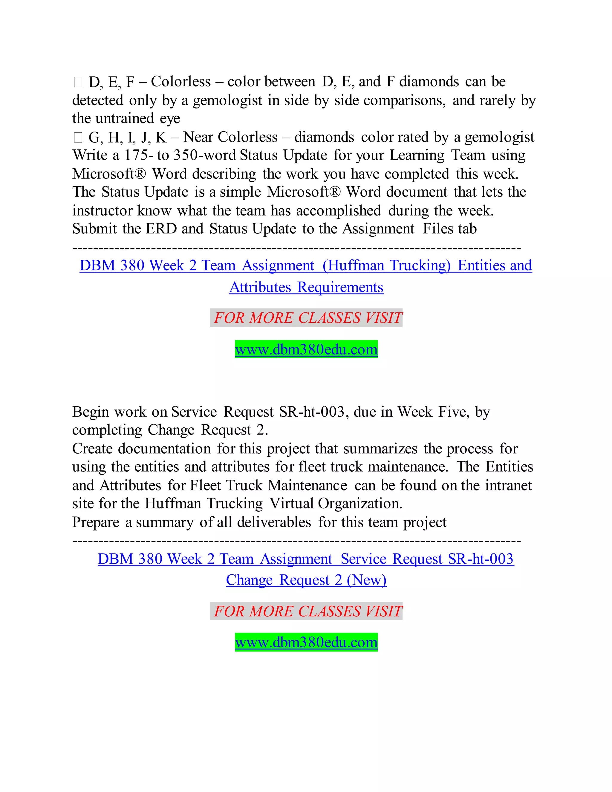 – Colorless – color between D, E, and F diamonds can be
detected only by a gemologist in side by side comparisons, and rarely by
the untrained eye
– Near Colorless – diamonds color rated by a gemologist
Write a 175- to 350-word Status Update for your Learning Team using
Microsoft® Word describing the work you have completed this week.
The Status Update is a simple Microsoft® Word document that lets the
instructor know what the team has accomplished during the week.
Submit the ERD and Status Update to the Assignment Files tab
-------------------------------------------------------------------------------------
DBM 380 Week 2 Team Assignment (Huffman Trucking) Entities and
Attributes Requirements
FOR MORE CLASSES VISIT
www.dbm380edu.com
Begin work on Service Request SR-ht-003, due in Week Five, by
completing Change Request 2.
Create documentation for this project that summarizes the process for
using the entities and attributes for fleet truck maintenance. The Entities
and Attributes for Fleet Truck Maintenance can be found on the intranet
site for the Huffman Trucking Virtual Organization.
Prepare a summary of all deliverables for this team project
-------------------------------------------------------------------------------------
DBM 380 Week 2 Team Assignment Service Request SR-ht-003
Change Request 2 (New)
FOR MORE CLASSES VISIT
www.dbm380edu.com
 