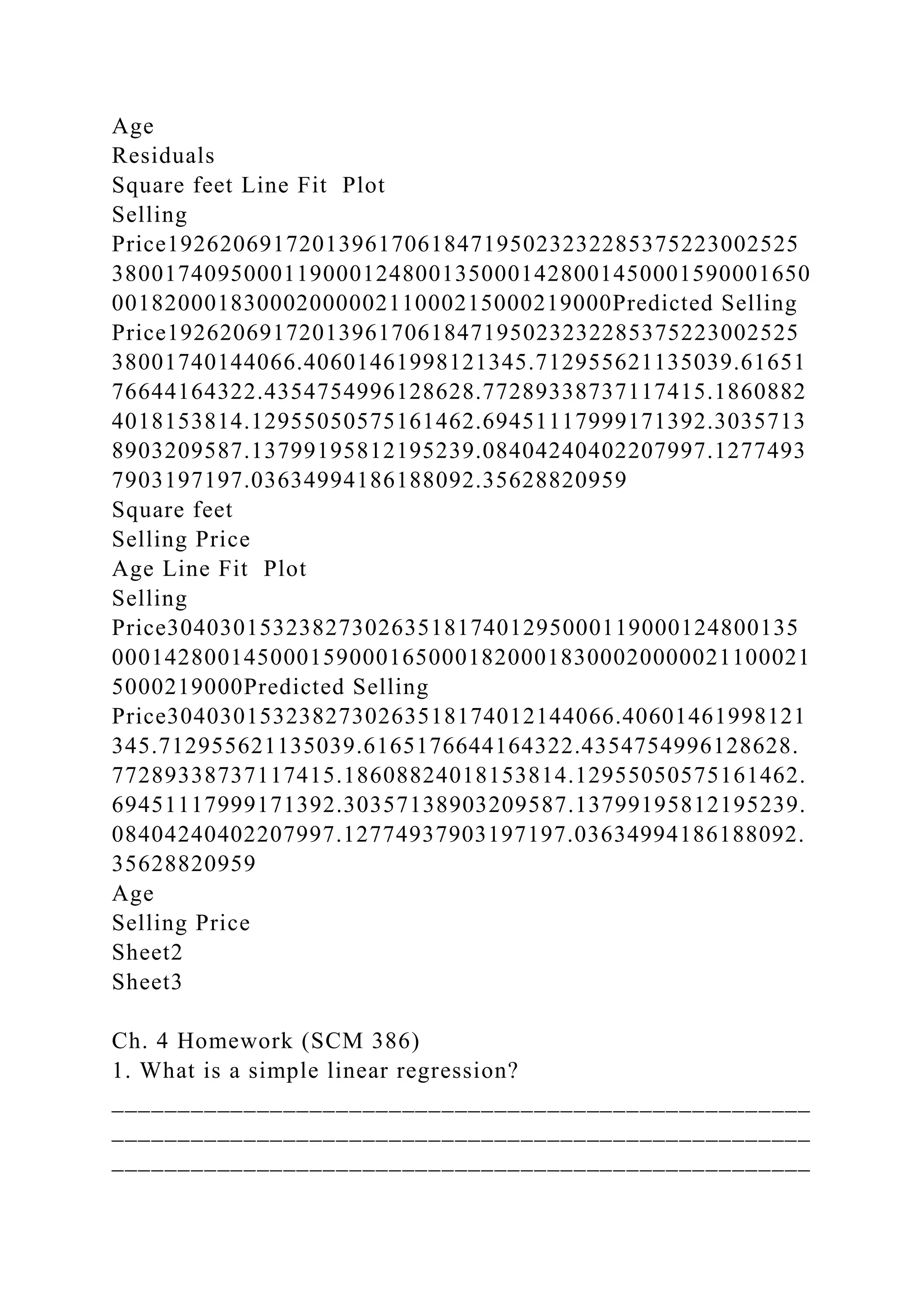 Age
Residuals
Square feet Line Fit Plot
Selling
Price192620691720139617061847195023232285375223002525
38001740950001190001248001350001428001450001590001650
00182000183000200000211000215000219000Predicted Selling
Price192620691720139617061847195023232285375223002525
38001740144066.40601461998121345.712955621135039.61651
76644164322.4354754996128628.77289338737117415.1860882
4018153814.12955050575161462.69451117999171392.3035713
8903209587.13799195812195239.08404240402207997.1277493
7903197197.03634994186188092.35628820959
Square feet
Selling Price
Age Line Fit Plot
Selling
Price304030153238273026351817401295000119000124800135
00014280014500015900016500018200018300020000021100021
5000219000Predicted Selling
Price3040301532382730263518174012144066.40601461998121
345.712955621135039.6165176644164322.4354754996128628.
77289338737117415.18608824018153814.12955050575161462.
69451117999171392.30357138903209587.13799195812195239.
08404240402207997.12774937903197197.03634994186188092.
35628820959
Age
Selling Price
Sheet2
Sheet3
Ch. 4 Homework (SCM 386)
1. What is a simple linear regression?
_____________________________________________________
_____________________________________________________
_____________________________________________________
 
