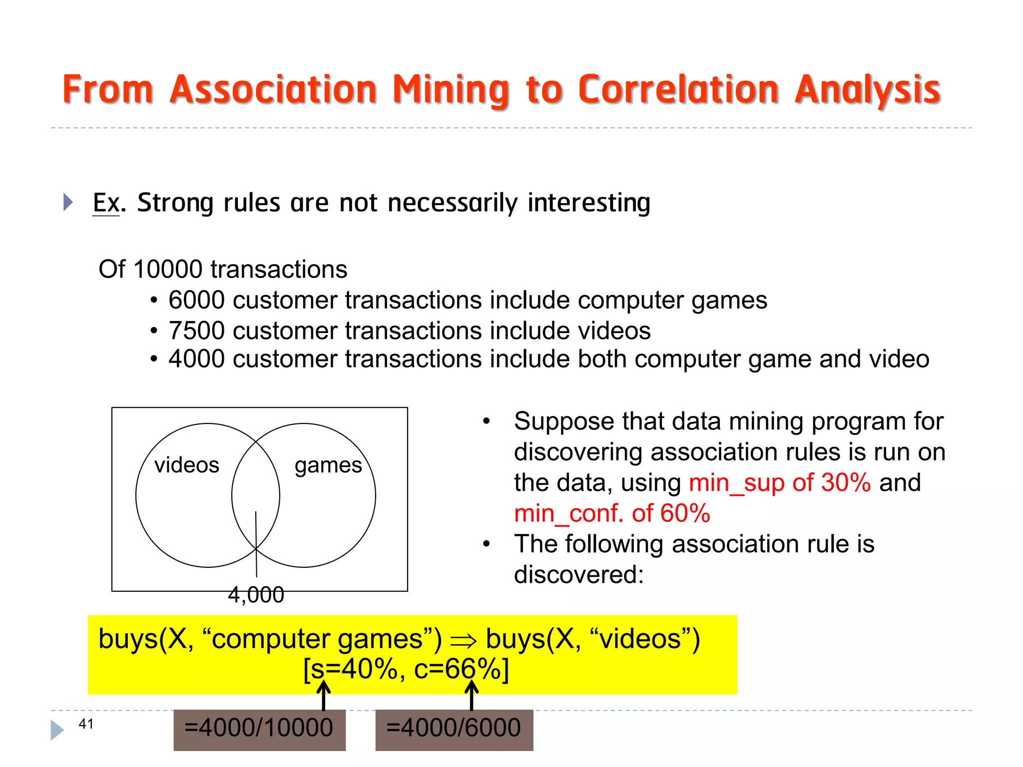 From Association Mining to Correlation Analysis

    Ex. Strong rules are not necessarily interesting
         Of 10000 transactions
             • 6000 customer transactions include computer games
             • 7500 customer transactions include videos
             • 4000 customer transactions include both computer game and video

                                             • Suppose that data mining program for
             videos           games
                                               discovering association rules is run on
                                               the data, using min_sup of 30% and
                                               min_conf. of 60%
                                             • The following association rule is
                                               discovered:
                      4,000

         buys(X, “computer games”)  buys(X, “videos”)
                        [s=40%, c=66%]
    41
                =4000/10000           =4000/6000
 