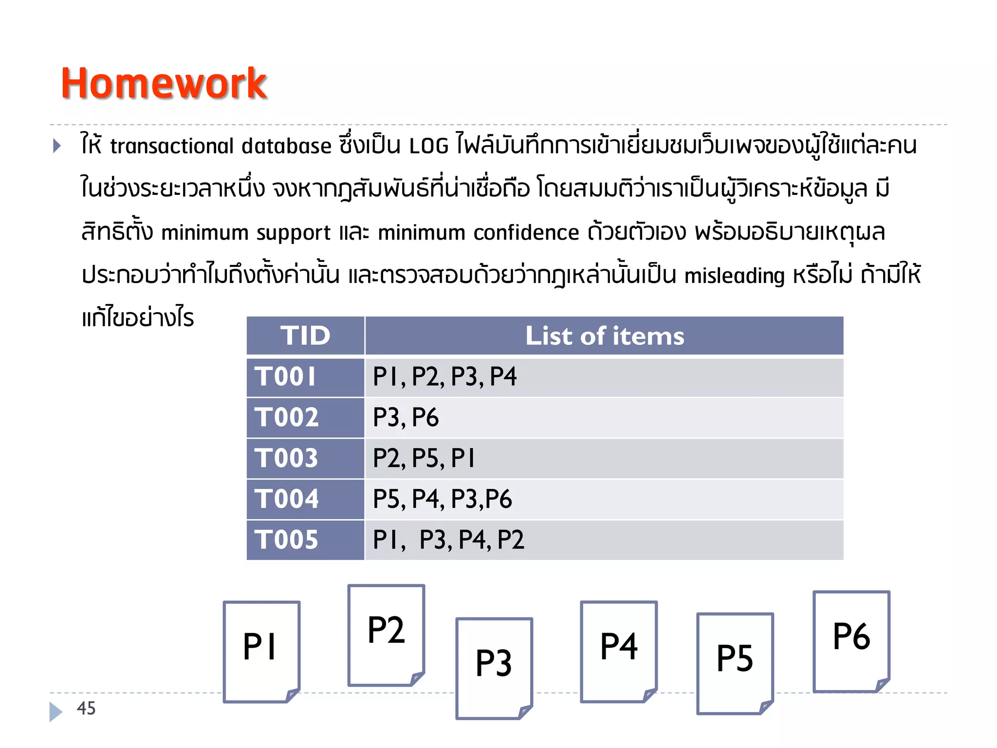Homework
   ให้ transactional database ซึ่งเป็น LOG ไฟล์บันทึกการเข้าเยี่ยมชมเว็บเพจของปู้ใช้แต่ละคน
    ในช่วงระยะเวลาหนึ่ง จงหากฎสัมพันธ์ที่น่าเชื่อถือ โดยสมมติว่าเราเป็นปู้วเิ คราะห์ข้อมูล มี
    สิทธิตั้ง minimum support และ minimum confidence ด้วยตัวเอง พร้อมอธิบายเหตุปล
    ประกอบว่าทาไมถึงตั้งค่านั้น และตรวจสอบด้วยว่ากฎเหล่านั้นเป็น misleading หรือไม่ ถ้ามีให้
    แก้ไขอย่างไร
                       TID                          List of items
                      T001          P1, P2, P3, P4
                      T002          P3, P6
                      T003          P2, P5, P1
                      T004          P5, P4, P3,P6
                      T005          P1, P3, P4, P2


                     P1            P2                        P4                       P6
                                               P3                        P5
    45
 