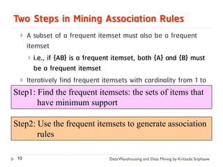 Two Steps in Mining Association Rules
   A subset of a frequent itemset must also be a frequent
    itemset
      i.e., if {AB} is a frequent itemset, both {A} and {B} must
       be a frequent itemset
   Iteratively find frequent itemsets with cardinality from 1 to
    k (k-itemset)
Step1: Find the frequent itemsets: the sets of items that
         have minimum support

Step2: Use the frequent itemsets to generate association
       rules

 10                             Data Warehousing and Data Mining by Kritsada Sriphaew
 