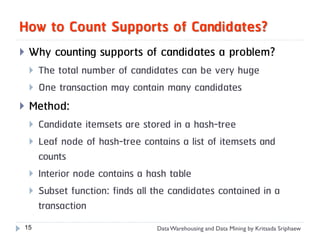 How to Count Supports of Candidates?
   Why counting supports of candidates a problem?
       The total number of candidates can be very huge
       One transaction may contain many candidates
   Method:
       Candidate itemsets are stored in a hash-tree
       Leaf node of hash-tree contains a list of itemsets and
        counts
       Interior node contains a hash table
       Subset function: finds all the candidates contained in a
        transaction
15                                 Data Warehousing and Data Mining by Kritsada Sriphaew
 