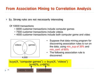 From Association Mining to Correlation Analysis

    Ex. Strong rules are not necessarily interesting
         Of 10000 transactions
             • 6000 customer transactions include computer games
             • 7500 customer transactions include videos
             • 4000 customer transactions include both computer game and video

                                             • Suppose that data mining program for
             videos           games
                                               discovering association rules is run on
                                               the data, using min_sup of 30% and
                                               min_conf. of 60%
                                             • The following association rule is
                                               discovered:
                      4,000

         buys(X, “computer games”)  buys(X, “videos”)
                        [s=40%, c=66%]
    41
                =4000/10000           =4000/6000
 