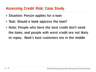 Assessing Credit Risk: Case Study
 Situation: Person applies for a loan
 Task: Should a bank approve the loan?
 Note: People who have the best credit don’t need
  the loans, and people with worst credit are not likely
  to repay. Bank’s best customers are in the middle




 14                         Data Warehousing and Data Mining by Kritsada Sriphaew
 