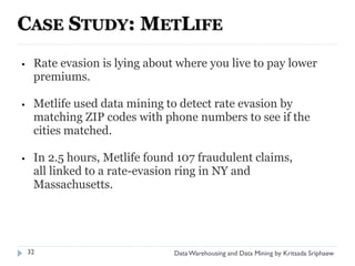 CASE STUDY: METLIFE
•    Rate evasion is lying about where you live to pay lower
     premiums.

•    Metlife used data mining to detect rate evasion by
     matching ZIP codes with phone numbers to see if the
     cities matched.

•    In 2.5 hours, Metlife found 107 fraudulent claims,
     all linked to a rate-evasion ring in NY and
     Massachusetts.




    32                          Data Warehousing and Data Mining by Kritsada Sriphaew
 