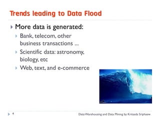 Trends leading to Data Flood
   More data is generated:
       Bank, telecom, other
        business transactions ...
       Scientific data: astronomy,
        biology, etc
       Web, text, and e-commerce




4                             Data Warehousing and Data Mining by Kritsada Sriphaew
 