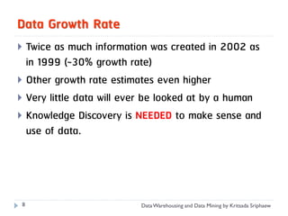 Data Growth Rate
 Twice as much information was created in 2002 as
  in 1999 (~30% growth rate)
 Other growth rate estimates even higher
 Very little data will ever be looked at by a human
 Knowledge Discovery is NEEDED to make sense and
  use of data.




 8                        Data Warehousing and Data Mining by Kritsada Sriphaew
 