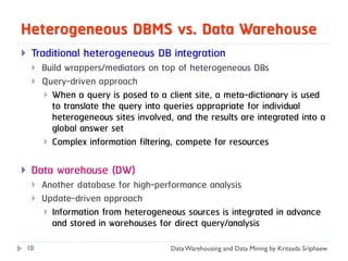 Heterogeneous DBMS vs. Data Warehouse
    Traditional heterogeneous DB integration
        Build wrappers/mediators on top of heterogeneous DBs
        Query-driven approach
          When a query is posed to a client site, a meta-dictionary is used
           to translate the query into queries appropriate for individual
           heterogeneous sites involved, and the results are integrated into a
           global answer set
          Complex information filtering, compete for resources


    Data warehouse (DW)
        Another database for high-performance analysis
        Update-driven approach
          Information from heterogeneous sources is integrated in advance
           and stored in warehouses for direct query/analysis

    10                                  Data Warehousing and Data Mining by Kritsada Sriphaew
 