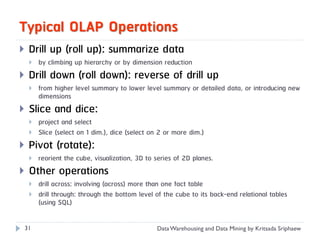 Typical OLAP Operations
    Drill up (roll up): summarize data
        by climbing up hierarchy or by dimension reduction
    Drill down (roll down): reverse of drill up
        from higher level summary to lower level summary or detailed data, or introducing new
         dimensions
    Slice and dice:
        project and select
        Slice (select on 1 dim.), dice (select on 2 or more dim.)
    Pivot (rotate):
        reorient the cube, visualization, 3D to series of 2D planes.
    Other operations
        drill across: involving (across) more than one fact table
        drill through: through the bottom level of the cube to its back-end relational tables
         (using SQL)


    31                                           Data Warehousing and Data Mining by Kritsada Sriphaew
 