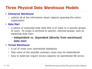 Three Physical Data Warehouse Models
    Enterprise Warehouse
      collects all of the information about subjects spanning the entire
       organization
    Data Mart
      a subset of corporate-wide data that is of value to a specific groups
       of users. Its scope is confined to specific, selected groups, such as
       marketing data mart
            Independent vs. dependent (directly from warehouse)
             data mart
    Virtual Warehouse
      A set of views over operational databases
      Only some of the possible summary views may be materialized
      Easy to build but require excess capacity on operational DB server.



    45                                Data Warehousing and Data Mining by Kritsada Sriphaew
 