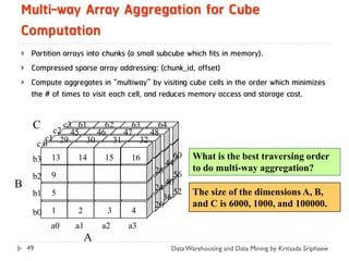 Multi-way Array Aggregation for Cube
Computation
    Partition arrays into chunks (a small subcube which fits in memory).
    Compressed sparse array addressing: (chunk_id, offset)
    Compute aggregates in “multiway” by visiting cube cells in the order which minimizes
     the # of times to visit each cell, and reduces memory access and storage cost.


     C        c3 61
            c2 45
                        62     63     64
                      46     47     48
          c1 29    30     31     32
         c0
     b3    B13    14      15     16          60     What is the best traversing order
                                           44
                                        28 56       to do multi-way aggregation?
     b2     9
B                                          40
                                        24 52
     b1     5                             36
                                                    The size of the dimensions A, B,
                                        20          and C is 6000, 1000, and 100000.
     b0     1     2        3     4
            a0    a1      a2    a3
                      A
    49                                       Data Warehousing and Data Mining by Kritsada Sriphaew
 