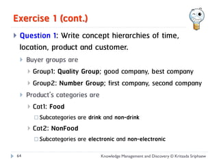 Exercise 1 (cont.)
   Question 1: Write concept hierarchies of time,
    location, product and customer.
       Buyer groups are
         Group1: Quality Group; good company, best company
         Group2: Number Group; first company, second company
       Product’s categories are
         Cat1: Food
             Subcategories   are drink and non-drink
           Cat2: NonFood
             Subcategories   are electronic and non-electronic

64                                    Knowledge Management and Discovery © Kritsada Sriphaew
 