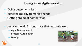 14
• Doing better with less
• Reacting quickly to market needs
• Getting ahead of competition
• Just can’t wait 6 months for that next release…
– Agile Development
– Process Automation
– DevOps
Living in an Agile world…
 