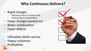 16
• Rapid changes
• Reacting quickly to market needs
• Getting ahead of competition
• Fewer changes backed out
• Better collaboration
• Fewer defects
• Ultimately better service
• Happy customers
• Profitability
Why Continuous Delivery?
 