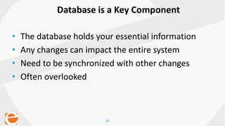 20
• The database holds your essential information
• Any changes can impact the entire system
• Need to be synchronized with other changes
• Often overlooked
Database is a Key Component
 