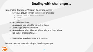 34
Dealing with challenges…
Integrated Database Version Control process
– Leverage proven version control best practices
• Forcing check in & out for changes
• Labels
• etc..
– No code-overrides
– Always working with the correct revision
– All changes are documented
– Always know who did what, when, why and from where
– No out-of-process changes
– Supporting structure, code and content
No time spent on manual coding of the change scripts
 