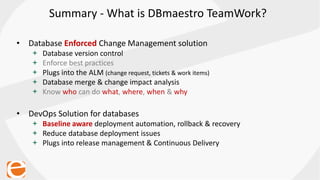 Summary - What is DBmaestro TeamWork?
• Database Enforced Change Management solution
+ Database version control
+ Enforce best practices
+ Plugs into the ALM (change request, tickets & work items)
+ Database merge & change impact analysis
+ Know who can do what, where, when & why
• DevOps Solution for databases
+ Baseline aware deployment automation, rollback & recovery
+ Reduce database deployment issues
+ Plugs into release management & Continuous Delivery
 