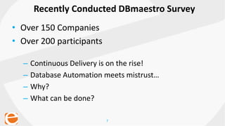 7
• Over 150 Companies
• Over 200 participants
– Continuous Delivery is on the rise!
– Database Automation meets mistrust…
– Why?
– What can be done?
Recently Conducted DBmaestro Survey
 