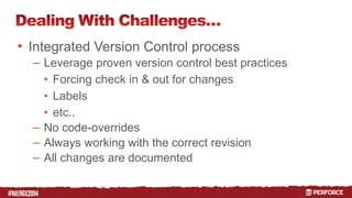 # 
• Integrated Version Control process 
– Leverage proven version control best practices 
• Forcing check in & out for changes 
• Labels 
• etc.. 
– No code-overrides 
– Always working with the correct revision 
– All changes are documented 
 