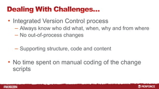 # 
• Integrated Version Control process 
– Always know who did what, when, why and from where 
– No out-of-process changes 
– Supporting structure, code and content 
• No time spent on manual coding of the change 
scripts 
 