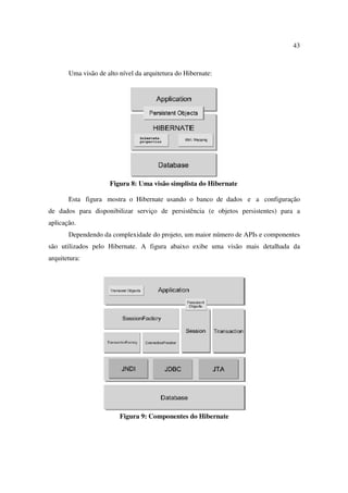 43



       Uma visão de alto nível da arquitetura do Hibernate:




                     Figura 8: Uma visão simplista do Hibernate

       Esta figura mostra o Hibernate usando o banco de dados e a configuração
de dados para disponibilizar serviço de persistência (e objetos persistentes) para a
aplicação.
       Dependendo da complexidade do projeto, um maior número de APIs e componentes
são utilizados pelo Hibernate. A figura abaixo exibe uma visão mais detalhada da
arquitetura:




                         Figura 9: Componentes do Hibernate
 