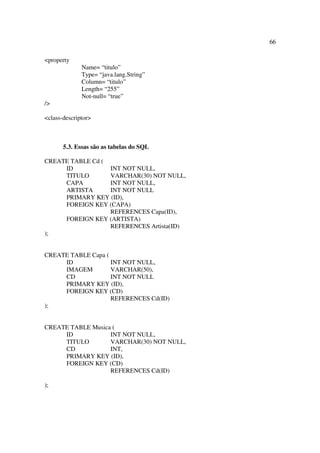 66

<property
              Name= “titulo”
              Type= “java.lang.String”
              Column= “titulo”
              Length= “255”
              Not-null= “true”
/>

<class-descriptor>



       5.3. Essas são as tabelas do SQL

CREATE TABLE Cd (
     ID           INT NOT NULL,
     TITULO       VARCHAR(30) NOT NULL,
     CAPA         INT NOT NULL,
     ARTISTA      INT NOT NULL
     PRIMARY KEY (ID),
     FOREIGN KEY (CAPA)
                  REFERENCES Capa(ID),
     FOREIGN KEY (ARTISTA)
                  REFERENCES Artista(ID)
);


CREATE TABLE Capa (
     ID             INT NOT NULL,
     IMAGEM         VARCHAR(50),
     CD             INT NOT NULL
     PRIMARY KEY (ID),
     FOREIGN KEY (CD)
                    REFERENCES Cd(ID)
);


CREATE TABLE Musica (
     ID            INT NOT NULL,
     TITULO        VARCHAR(30) NOT NULL,
     CD            INT,
     PRIMARY KEY (ID),
     FOREIGN KEY (CD)
                   REFERENCES Cd(ID)

);
 