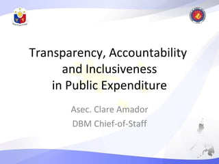 Transparency, Accountability  and Inclusiveness in Public Expenditure Asec. Clare Amador DBM Chief-of-Staff 