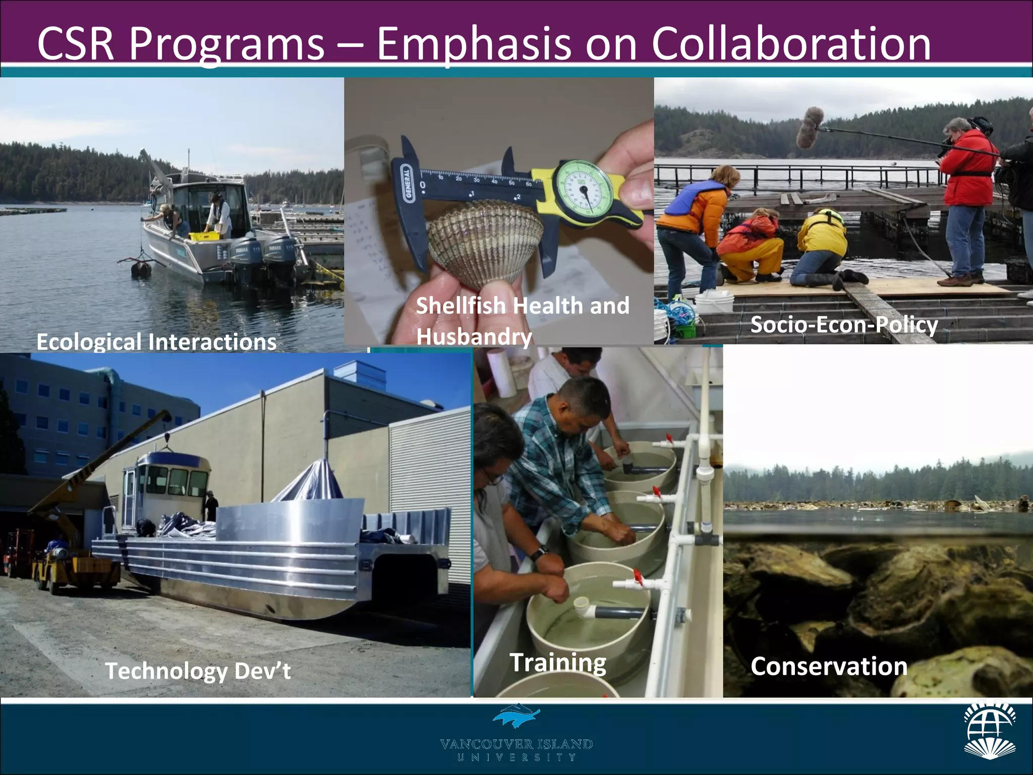 CSR Programs – Emphasis on Collaboration



                          Shellfish Health and
                          Husbandry              Socio-Econ-Policy
Ecological Interactions




       Communications
      Technology Dev’t            Training       Conservation
 