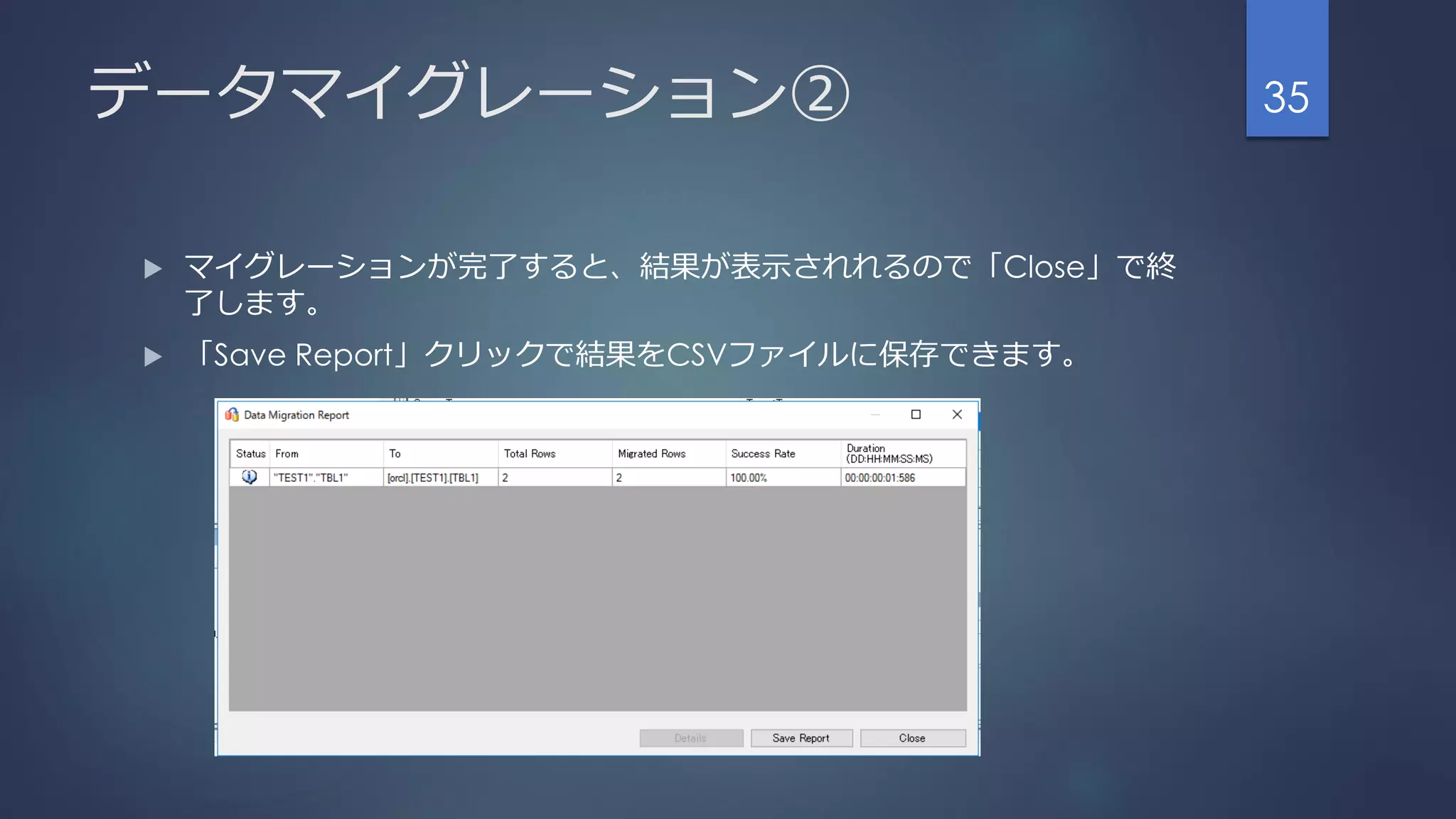 データマイグレーション②
 マイグレーションが完了すると、結果が表示されれるので「Close」で終
了します。
 「Save Report」クリックで結果をCSVファイルに保存できます。
35
 