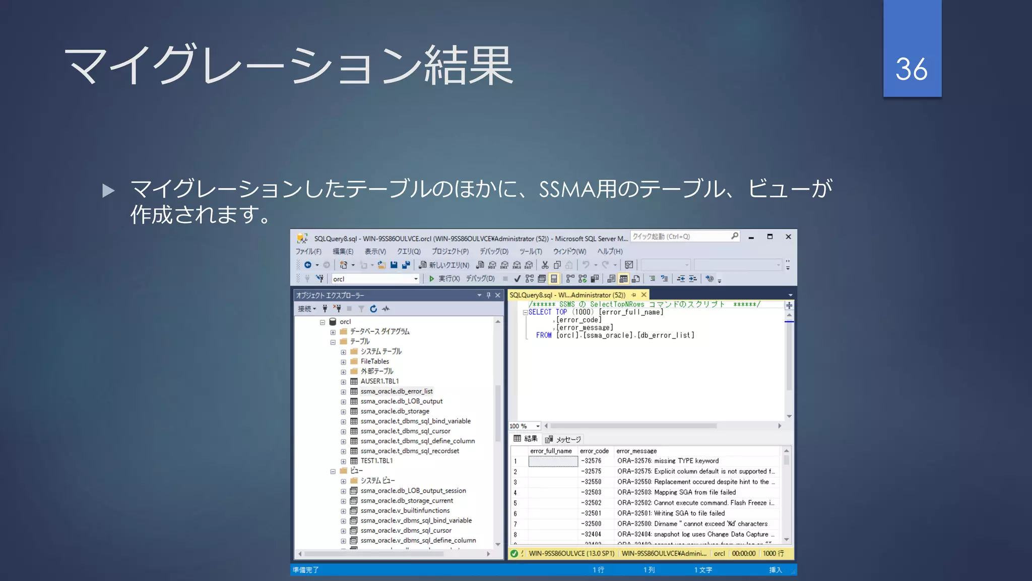 マイグレーション結果
 マイグレーションしたテーブルのほかに、SSMA用のテーブル、ビューが
作成されます。
36
 