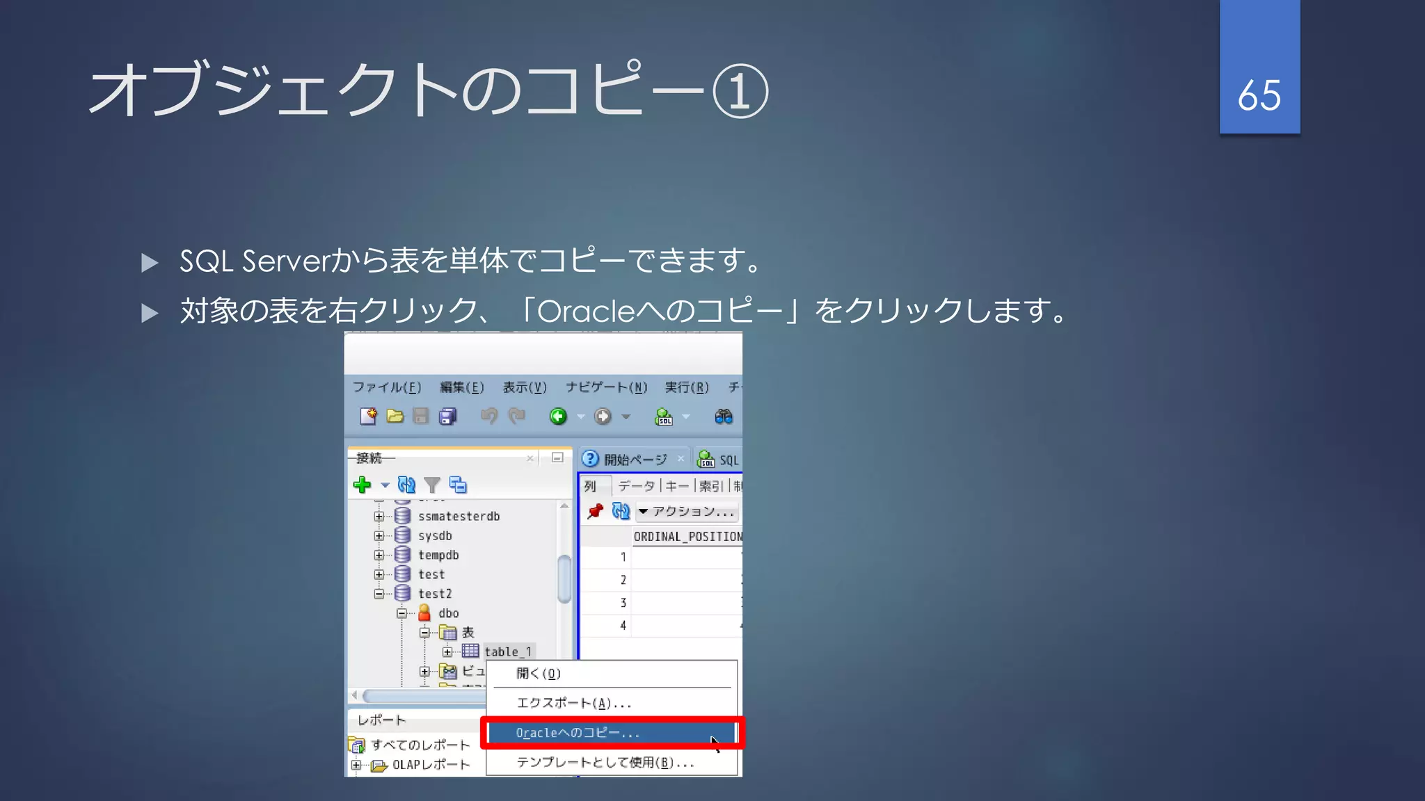 オブジェクトのコピー①
 SQL Serverから表を単体でコピーできます。
 対象の表を右クリック、「Oracleへのコピー」をクリックします。
65
 