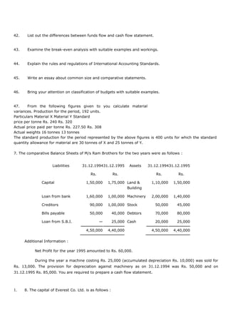 42. List out the differences between funds flow and cash flow statement.
43. Examine the break-even analysis with suitable examples and workings.
44. Explain the rules and regulations of International Accounting Standards.
45. Write an essay about common size and comparative statements.
46. Bring your attention on classification of budgets with suitable examples.
47. From the following figures given to you calculate material
variances. Production for the period, 192 units.
Particulars Material X Material Y Standard
price per tonne Rs. 240 Rs. 320
Actual price paid per tonne Rs. 227.50 Rs. 308
Actual weights 16 tonnes 13 tonnes
The standard production for the period represented by the above figures is 400 units for which the standard
quantity allowance for material are 30 tonnes of X and 25 tonnes of Y.
7. The comparative Balance Sheets of M/s Ram Brothers for the two years were as follows :
Liabilities 31.12.199431.12.1995 Assets 31.12.199431.12.1995
Rs. Rs. Rs. Rs.
Capital 1,50,000 1,75,000 Land & 1,10,000 1,50,000
Building
Loan from bank 1,60,000 1,00,000 Machinery 2,00,000 1,40,000
Creditors 90,000 1,00,000 Stock 50,000 45,000
Bills payable 50,000 40,000 Debtors 70,000 80,000
Loan from S.B.I. — 25,000 Cash 20,000 25,000
4,50,000 4,40,000 4,50,000 4,40,000
Additional Information :
Net Profit for the year 1995 amounted to Rs. 60,000.
During the year a machine costing Rs. 25,000 (accumulated depreciation Rs. 10,000) was sold for
Rs. 13,000. The provision for depreciation against machinery as on 31.12.1994 was Rs. 50,000 and on
31.12.1995 Rs. 85,000. You are required to prepare a cash flow statement.
1. 8. The capital of Everest Co. Ltd. is as follows :
 