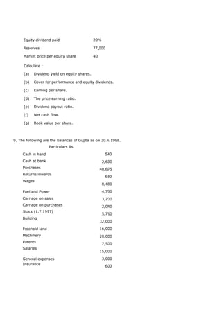 Equity dividend paid 20%
Reserves 77,000
Market price per equity share 40
Calculate :
(a) Dividend yield on equity shares.
(b) Cover for performance and equity dividends.
(c) Earning per share.
(d) The price earning ratio.
(e) Dividend payout ratio.
(f) Net cash flow.
(g) Book value per share.
9. The following are the balances of Gupta as on 30.6.1998.
Particulars Rs.
540
2,630
40,675
680
8,480
4,730
3,200
2,040
5,760
32,000
16,000
20,000
7,500
15,000
3,000
600
Cash in hand
Cash at bank
Purchases
Returns inwards
Wages
Fuel and Power
Carriage on sales
Carriage on purchases
Stock (1.7.1997)
Building
Freehold land
Machinery
Patents
Salaries
General expenses
Insurance
 
