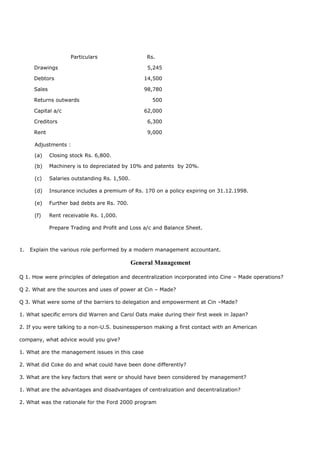Particulars Rs.
Drawings 5,245
Debtors 14,500
Sales 98,780
Returns outwards 500
Capital a/c 62,000
Creditors 6,300
Rent 9,000
Adjustments :
(a) Closing stock Rs. 6,800.
(b) Machinery is to depreciated by 10% and patents by 20%.
(c) Salaries outstanding Rs. 1,500.
(d) Insurance includes a premium of Rs. 170 on a policy expiring on 31.12.1998.
(e) Further bad debts are Rs. 700.
(f) Rent receivable Rs. 1,000.
Prepare Trading and Profit and Loss a/c and Balance Sheet.
1. Explain the various role performed by a modern management accountant.
General Management
Q 1. How were principles of delegation and decentralization incorporated into Cine – Made operations?
Q 2. What are the sources and uses of power at Cin – Made?
Q 3. What were some of the barriers to delegation and empowerment at Cin –Made?
1. What specific errors did Warren and Carol Oats make during their first week in Japan?
2. If you were talking to a non-U.S. businessperson making a first contact with an American
company, what advice would you give?
1. What are the management issues in this case
2. What did Coke do and what could have been done differently?
3. What are the key factors that were or should have been considered by management?
1. What are the advantages and disadvantages of centralization and decentralization?
2. What was the rationale for the Ford 2000 program
 