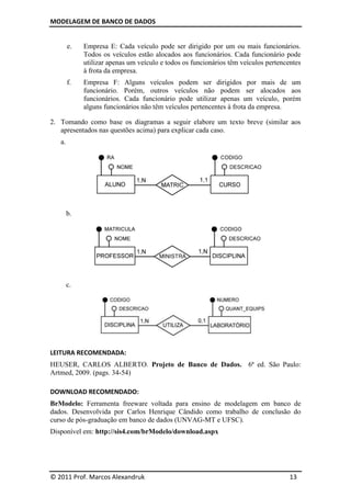 MODELAGEM DE BANCO DE DADOS


        e.   Empresa E: Cada veículo pode ser dirigido por um ou mais funcionários.
             Todos os veículos estão alocados aos funcionários. Cada funcionário pode
             utilizar apenas um veículo e todos os funcionários têm veículos pertencentes
             à frota da empresa.
        f.   Empresa F: Alguns veículos podem ser dirigidos por mais de um
             funcionário. Porém, outros veículos não podem ser alocados aos
             funcionários. Cada funcionário pode utilizar apenas um veículo, porém
             alguns funcionários não têm veículos pertencentes à frota da empresa.

2. Tomando como base os diagramas a seguir elabore um texto breve (similar aos
   apresentados nas questões acima) para explicar cada caso.
   a.




        b.




        c.




LEITURA RECOMENDADA:
HEUSER, CARLOS ALBERTO. Projeto de Banco de Dados. 6ª ed. São Paulo:
Artmed, 2009. (pags. 34-54)

DOWNLOAD RECOMENDADO:
BrModelo: Ferramenta freeware voltada para ensino de modelagem em banco de
dados. Desenvolvida por Carlos Henrique Cândido como trabalho de conclusão do
curso de pós-graduação em banco de dados (UNVAG-MT e UFSC).
Disponível em: http://sis4.com/brModelo/download.aspx




© 2011 Prof. Marcos Alexandruk                                                       13
 