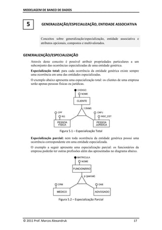 MODELAGEM DE BANCO DE DADOS



  5          GENERALIZAÇÃO/ESPECIALIZAÇÃO, ENTIDADE ASSOCIATIVA


             Conceitos sobre generalização/especialização, entidade associativa e
             atributos opcionais, compostos e multivalorados.


GENERALIZAÇÃO/ESPECIALIZAÇÃO
      Através deste conceito é possível atribuir propriedades particulares a um
      subconjunto das ocorrências especializadas de uma entidade genérica.
      Especialização total: para cada ocorrência da entidade genérica existe sempre
      uma ocorrência em uma das entidades especializadas.
      O exemplo abaixo apresenta uma especialização total: os clientes de uma empresa
      serão apenas pessoas físicas ou jurídicas.




                           Figura 5.1 – Especialização Total

      Especialização parcial: nem toda ocorrência da entidade genérica possui uma
      ocorrência correspondente em uma entidade especializada.
      O exemplo a seguir apresenta uma especialização parcial: os funcionários da
      empresa poderão ter outras profissões além das apresentadas no diagrama abaixo.




                          Figura 5.2 – Especialização Parcial




© 2011 Prof. Marcos Alexandruk                                                   17
 