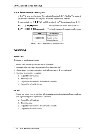 MODELAGEM DE BANCO DE DADOS


DEPENDÊNCIA MULTIVALORADA (DMV)
       A DMV é uma ampliação da Dependência Funcional (DF). Na DMV o valor de
       um atributo determina um conjunto de valores de um outro atributo.
       É representada por XY (X multidetermina Y ou Y é multidependente de X).
       DF:      {CPF}{Nome}                Temos somente um nome para cada CPF
       DMV: {CPF}{Dependente}             Temos vários dependentes para cada pessoa

                                 CPF           DEPENDENTE
                                            Antonio Santos
                           111222333-00     Beatriz Santos
                                            Claudio Santos
                        Tabela 10.5 – Dependência Multivalorada


EXERCÍCIOS

INDIVIDUAL:
Responda às seguintes perguntas:

1.   O que você entende por normalização de tabelas?
2.   Quais os principais objetivos da normalização de tabelas?
3.   O que ocorre normalmente após a aplicação das regras de normalização?
4.   Explique os seguintes conceitos:
       a. Dependência Funcional
       b. Transitividade
       c. Dependência Funcional Irredutível à Esquerda
       d. Dependência Multivalorada


GRUPO:
1. Forme um grupo com no máximo três colegas e apresente um exemplo para cada um
   dos seguintes tipos de dependência funcional:
       a.   Dependência Funcional
       b.   Transitividade
       c.   Dependência Funcional Irredutível à Esquerda
       d.   Dependência Multivalorada




© 2011 Prof. Marcos Alexandruk                                                   36
 