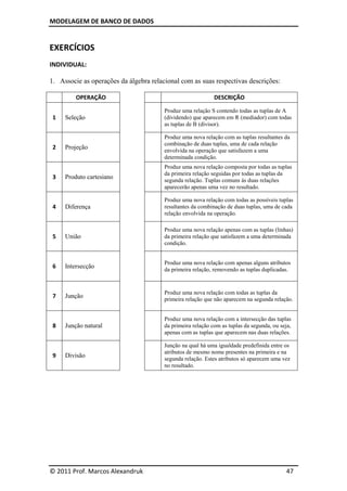 MODELAGEM DE BANCO DE DADOS


EXERCÍCIOS
INDIVIDUAL:

1. Associe as operações da álgebra relacional com as suas respectivas descrições:

         OPERAÇÃO                                            DESCRIÇÃO

                                        Produz uma relação S contendo todas as tuplas de A
 1   Seleção                            (dividendo) que aparecem em R (mediador) com todas
                                        as tuplas de B (divisor).

                                        Produz uma nova relação com as tuplas resultantes da
                                        combinação de duas tuplas, uma de cada relação
 2   Projeção                           envolvida na operação que satisfazem a uma
                                        determinada condição.
                                        Produz uma nova relação composta por todas as tuplas
                                        da primeira relação seguidas por todas as tuplas da
 3   Produto cartesiano
                                        segunda relação. Tuplas comuns às duas relações
                                        aparecerão apenas uma vez no resultado.

                                        Produz uma nova relação com todas as possíveis tuplas
 4   Diferença                          resultantes da combinação de duas tuplas, uma de cada
                                        relação envolvida na operação.

                                        Produz uma nova relação apenas com as tuplas (linhas)
 5   União                              da primeira relação que satisfazem a uma determinada
                                        condição.


                                        Produz uma nova relação com apenas alguns atributos
 6   Intersecção                        da primeira relação, removendo as tuplas duplicadas.


                                        Produz uma nova relação com todas as tuplas da
 7   Junção                             primeira relação que não aparecem na segunda relação.


                                        Produz uma nova relação com a intersecção das tuplas
 8   Junção natural                     da primeira relação com as tuplas da segunda, ou seja,
                                        apenas com as tuplas que aparecem nas duas relações.

                                        Junção na qual há uma igualdade predefinida entre os
                                        atributos de mesmo nome presentes na primeira e na
 9   Divisão                            segunda relação. Estes atributos só aparecem uma vez
                                        no resultado.




© 2011 Prof. Marcos Alexandruk                                                              47
 
