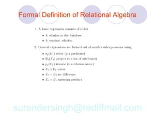 Formal Definition of Relational Algebra




surendersingh@rediffmail.com
 