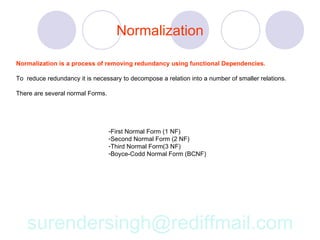 Normalization

Normalization is a process of removing redundancy using functional Dependencies.

To reduce redundancy it is necessary to decompose a relation into a number of smaller relations.

There are several normal Forms.




                                  -First Normal Form (1 NF)
                                  -Second Normal Form (2 NF)
                                  -Third Normal Form(3 NF)
                                  -Boyce-Codd Normal Form (BCNF)




   surendersingh@rediffmail.com
 
