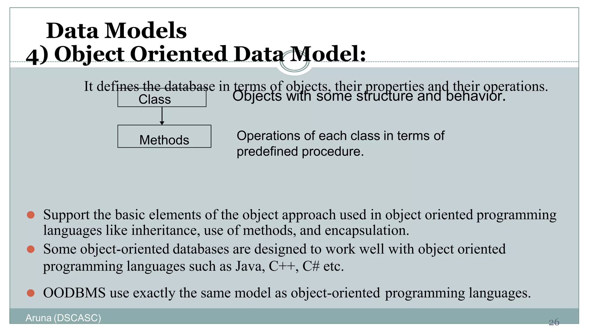 26
Data Models
4) Object Oriented Data Model:
It defines the database in terms of objects, their properties and their operations.
Objects with some structure and behavior.
⚫ Support the basic elements of the object approach used in object oriented programming
languages like inheritance, use of methods, and encapsulation.
⚫ Some object-oriented databases are designed to work well with object oriented
programming languages such as Java, C++, C# etc.
⚫ OODBMS use exactly the same model as object-oriented programming languages.
Methods
Class
Operations of each class in terms of
predefined procedure.
Aruna (DSCASC)
 