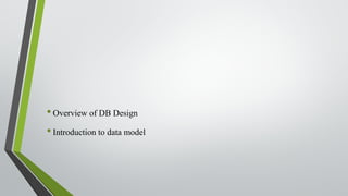 •Overview of DB Design
•Introduction to data model
 