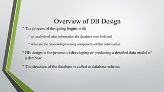 Overview of DB Design
•The process of designing begins with
• an analysis of what information the database must hold and
• what are the relationships among components of that information
•DB design is the process of developing or producing a detailed data model of
a database
•The structure of the database is called as database schema
 