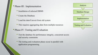 •Phase-III : Implementation
• Installation of selected DBMS
• Create the Database
• Load the data/Convert from old system
• This requires aggregating data from multiple resources
•Phase-IV :Testing and Evaluation
• Test the database for performance integrity, concurrent access
and security constraints
• The testing and evaluation phase occur in parallel with
application programming.
Analysis
Database Design
Implementation
Testing and Evaluation
 