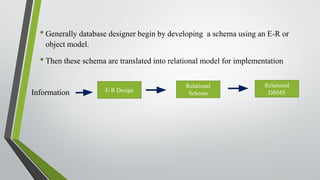 •Generally database designer begin by developing a schema using an E-R or
object model.
•Then these schema are translated into relational model for implementation
E-R Design
Relational
Schema
Relational
DBMS
Information
 