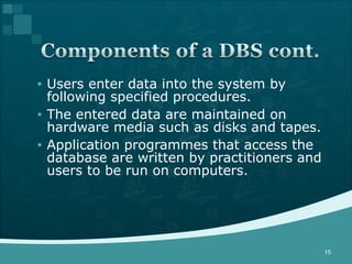 Users enter data into the system by following specified procedures.  The entered data are maintained on hardware media such as disks and tapes.  Application programmes that access the database are written by practitioners and users to be run on computers. 