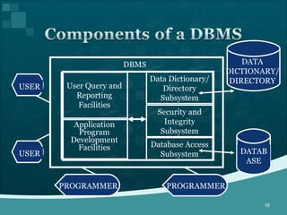 DATABASE DATA DICTIONARY/ DIRECTORY USER PROGRAMMER Data Dictionary/ Directory Subsystem Security and Integrity Subsystem Database Access Subsystem User Query and Reporting Facilities Application Program Development Facilities DBMS USER PROGRAMMER 