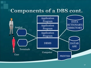 DATABASE DATA DICTIONARY/ DIRECTORY Application Program Application Program Application Program DBMS Computer Terminals PRINTER Analyst User 