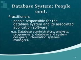 Practitioners people responsible for the database system and its associated application software. e.g. Database administrators, analysts, programmers, database and system designers, information systems managers. 