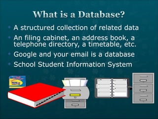 A structured collection of related data  An filing cabinet, an address book, a telephone directory, a timetable, etc. Google and your email is a database School Student Information System 